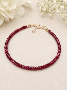 Handmade Natural Ruby Bracelet – 17ct – Solid 14K Yellow Gold – July Birthstone